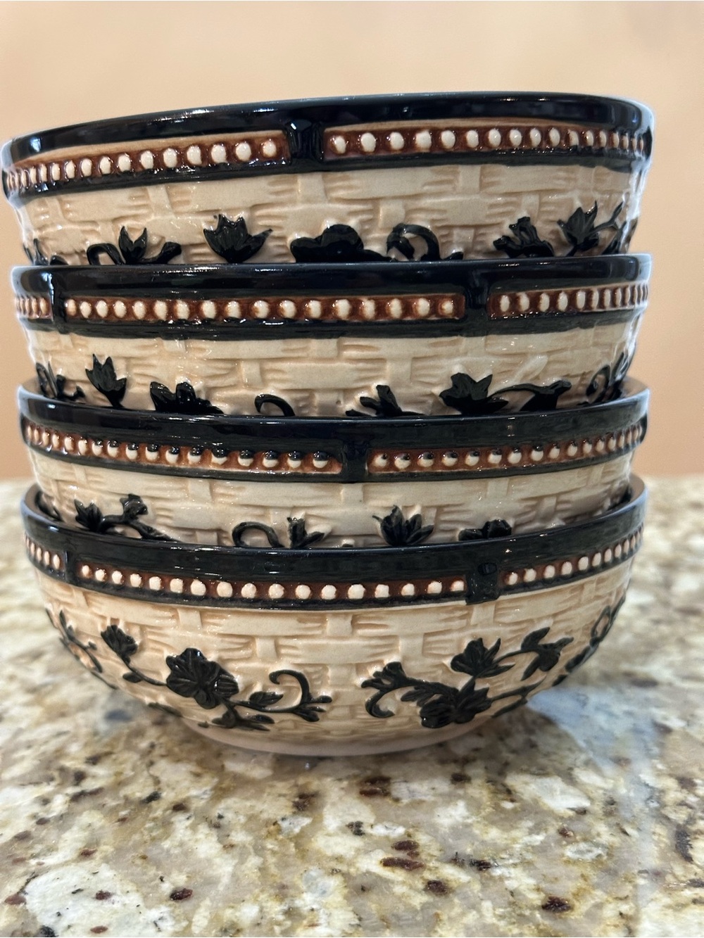 Decorative Ceramic Nesting Bowls - Cream with Black Trim by Temp-Tations